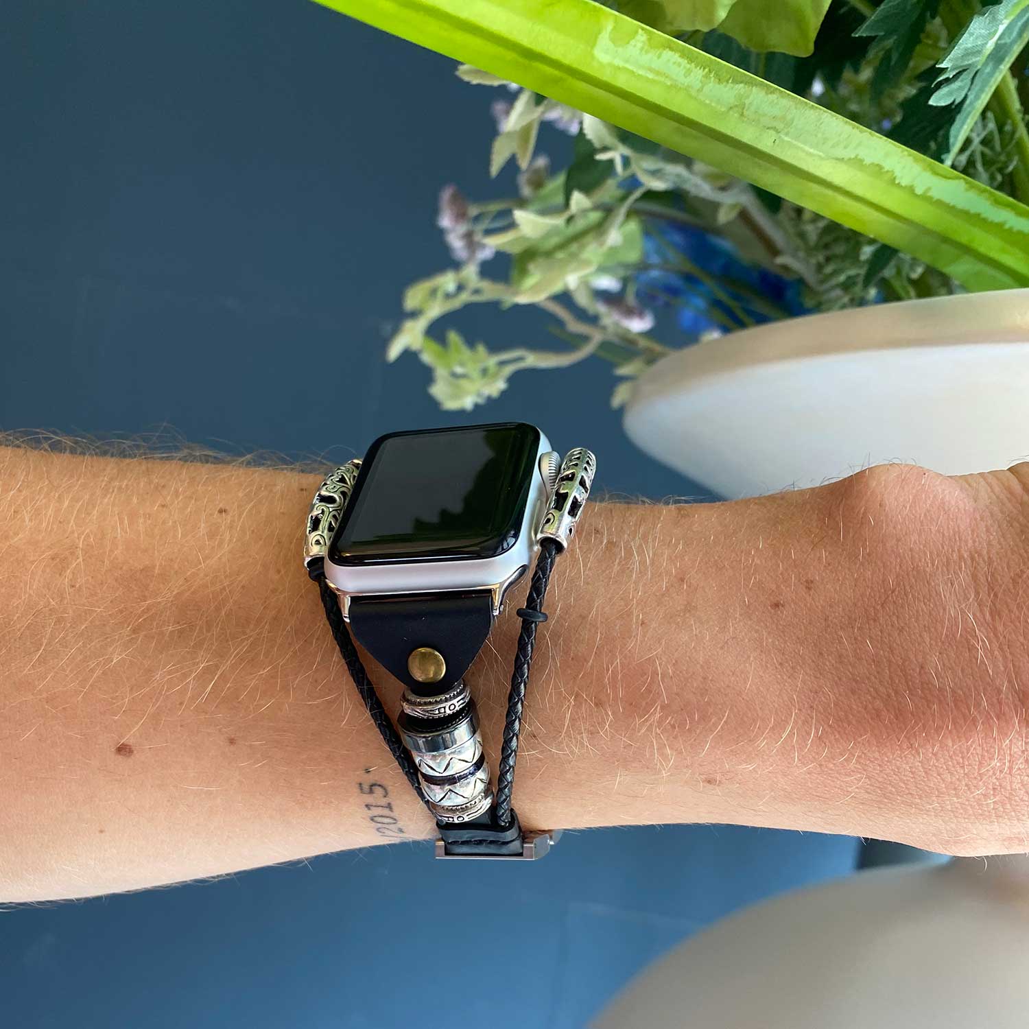 Apple Watch schmuck robust Lederarmband - Perlen schwarz